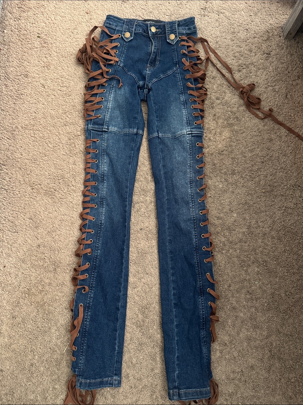 Fashion Nova Blue Denim Skinny Jeans with Brown Lace-Up Sides